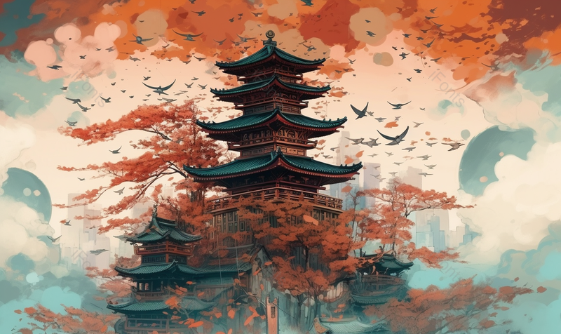 国潮风武汉黄鹤楼地标建筑复古背景,插画/手绘图,插画/手绘图库,插画/手绘图下载,插画/手绘